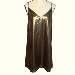 Aritzia Wilfred Shiny Gold Foil Broué Slip Dress Size Medium Spaghetti Straps